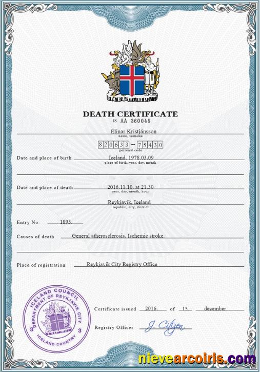 Iceland vital record death certificate